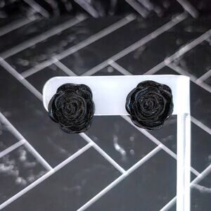 Vintage Clip On Earrings Black Rose Flower Floral Whimsical Earrings